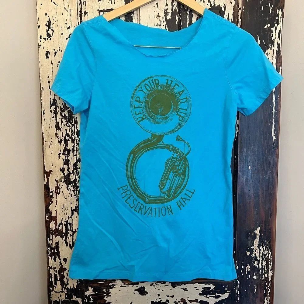 Distressed women’s Alexa Pulitzer Keep Your Head Up Preservation Hall T-shirt.